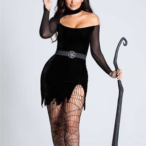 Witch Costume: Black Off-Shoulder Dress with Sheer Sleeves